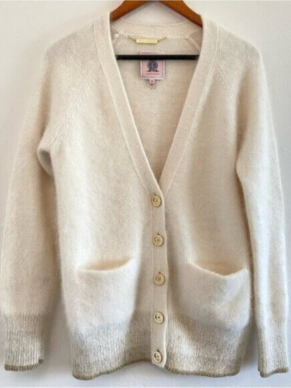 VTG Juicy Couture Angora Knit V-Neck Cardigan Sweater White Gold y2k 2k1 Medium